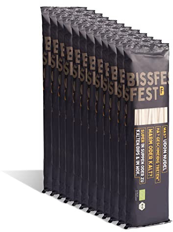 bissfest BIO Udon Nudeln 3 kg (12 x 250 g) - Extra teigige asiatische Nudeln für japanische Suppen oder Wok Gerichte - Vegan