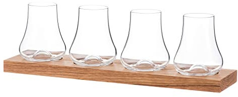 DIAMANTE Rum and Whisky Taster Glasses Set with Tray - 4 Sampling Glasses with Wooden Serving Board