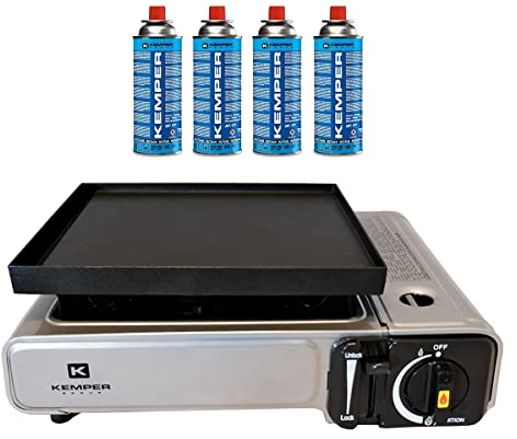 KEMPER - Hornillo y plancha de gas 2 en 1 NOMADE 2200 W acero + placa plancha 26 x 23 cm + 4 cartuchos de gas
