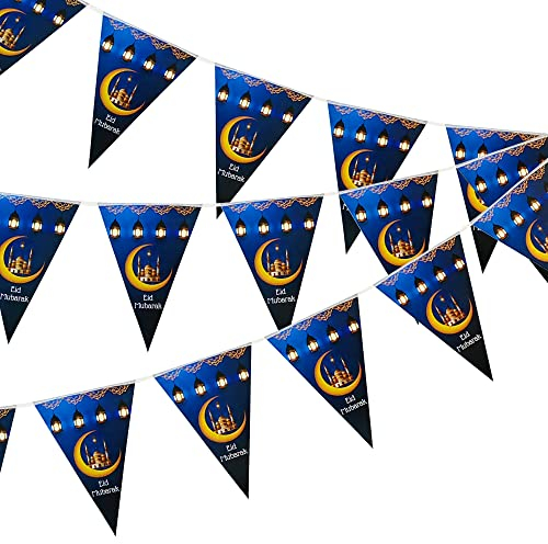 Ramadan Mubarak Banner Muslimische Bunting Blaue Dreieck Banner Girlande mit Laterne Mond Schloss Zeichen Eid Mubarak Festival Feier Party Dekorationen für Mantel Kamin Wand Party Zubehör
