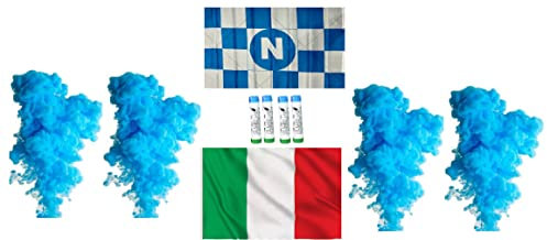 Kit NAPOLI CAMPIONE ! Bandiera del Napoli + Bandiera Tricolore 90 x 140cm con inserto sia per asta che cordino + 4 Fumogeni Azzurri
