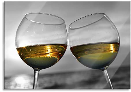 Pixxprint Glasbild, Wandbild aus Echtglas, Wein in Gläsern am Meer, 60x40 cm, inkl. Aufhängung und Abstandshalter