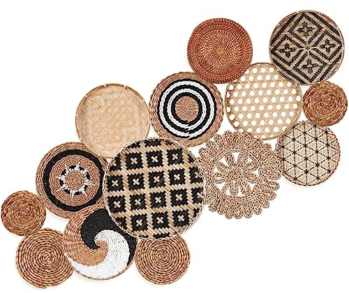 Geetery 14er Set Boho Wandkorb Dekor Rund Flach Bambus Rattan Korb Dekorativer Hängender gewebter Korb mit Makramee Quasten Handgemachter Wandteppich für Schlafzimmer Wohnzimmer Küche Bauernhaus