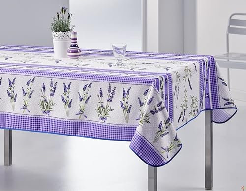 Villages de Provence - Tischdecke, schmutzabweisend, rechteckig, knitterfrei, 100 % Polyester, Weiß, 240 x 150 cm, Lavendel, 6/8 Besteck, für drinnen oder draußen, Esstisch, Küche oder Garten