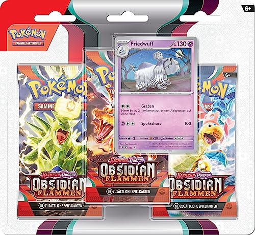 Pokémon-Sammelkartenspiel: 3er-Pack (Friedwuff) Karmesin & Purpur – Obsidianflammen (3 Boosterpacks & 1 holografische Promokarte)