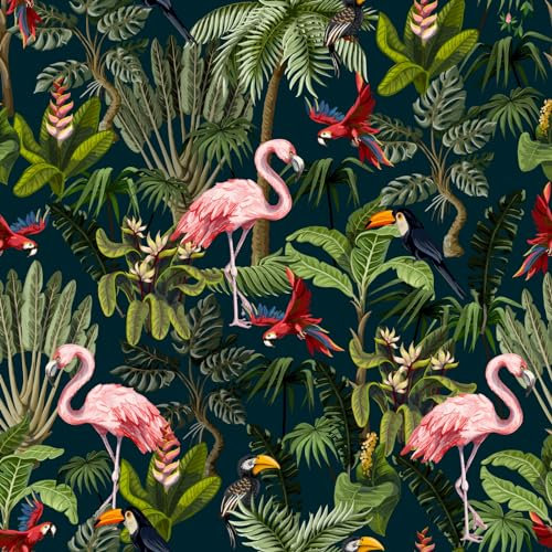VEELIKE Tropische Tapete Dschungel Fototapete Blumen Klebefolie Zebra Flamingos Tapeten Baum Leopard Möbelfolie Muster Blumentapete Vintage Dekoration Schlafzimmer Flur Wohnzimmer 44.5cm x 300cm