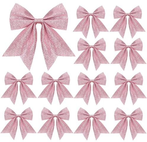 12 Pcs Glitter Bows for Decoration, 5.9 Inch Christmas Decorative Bows - Bowknot Ornaments for Wreaths, Garland - Pink