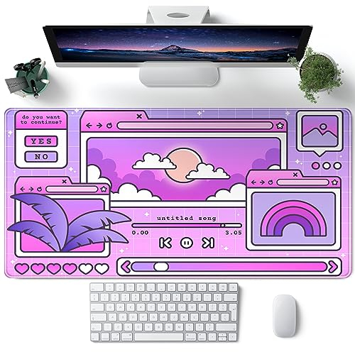 Violette Retro-Schreibtischunterlage, Kawaii, großes Gaming-Mauspad, großes Vaporwave-Mauspad, XXL, niedliches Schreibtischzubehör, Tastatur-Pad für Computer, Schreibtischmatte für Laptop und Mauspad,