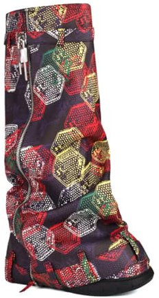 Stivali Donna in Denim Chiusura a Lucchetto Plateau,Comodi Cerniera Laterale e Punta Tonda Stivali al Ginocchio,Stivali Lunghi Motociclista Punk Stampa in Pelle di Serpente,3 Red,36 EU