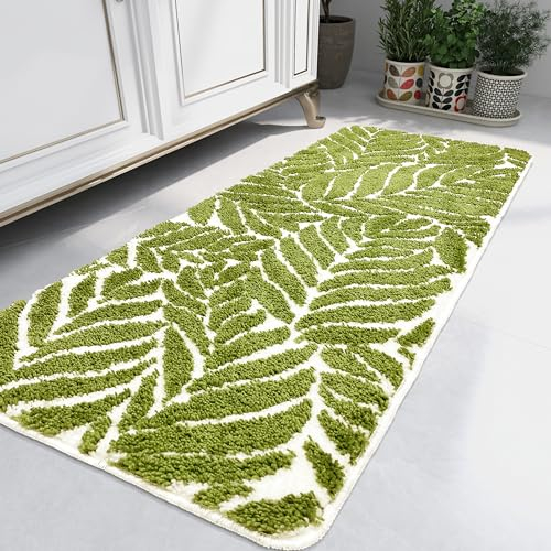 Homantic Grass Green Leaf Bath Runner - Non-Slip Machine Washable Bathroom Decor Water Absorbent Rugs for Sink, Bathtub and Shower - Leaves Design 45x120cm