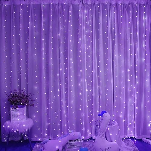 Herfair Lichterketten Vorhang,Lichtervorhang innen außen 3x3m 300 LED Lichterketten Warmweiß,mit 10 Haken 8 Modi, Dimmbar Lichterkette Aussen für Weihnachten, Hochzeit,Party (Lila Licht)