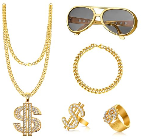 JurciCat Zuhälter Kostüm 5 Stück Hip Hop Dollar Kette & Ring Shadow Wizard Money Gang Gold Chain Sonnenbrille 80er and 90er Jahre Outfit Herren Accessoires Karneval Kostüm