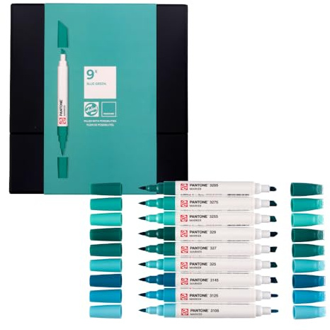 Talens | Pantone Marker 9er Set Blue Green | Dual-Tip-Stift mit Pinselspitze und Keilspitze | Wasserbasierte, pigmentierte Tinte in Pantone-Farben