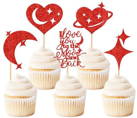 Keaziu 25 Pack Valentine's Cupcake Toppers Red Moon Star Cupcake Picks I Love You to the Moon and Back for Wedding Proposal Engagement Bridal Shower Sweet Love Theme Party Cake Decoration Red Star