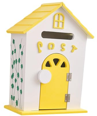 Folpus Holz-Wandbriefkasten, Kindergarten-Briefkasten, Außenkasten, funktional, 22 x 12 x 32 cm, robuster, rustikaler Außenbriefkasten, Gelb