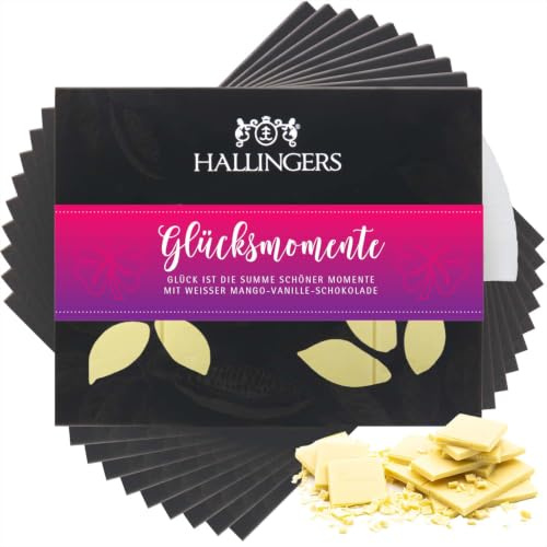 Hallingers Genuss Manufaktur Weiße Schokolade Valentinstagsgeschenk - Tafel handgeschöpfter Edelkakao ohne Alkohol edler Karton 10x Glücksmomente Mango-Vanille, Valentintstag für Frauen Männer
