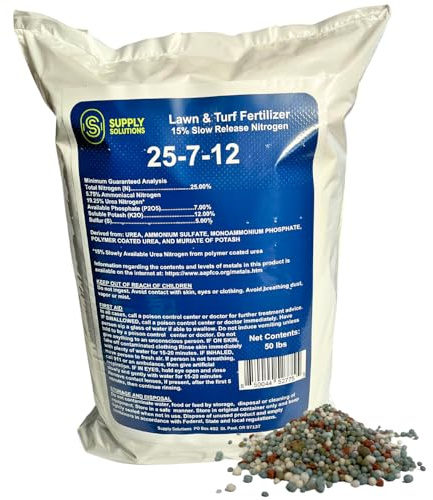 Supply Solutions 25-7-12 Lawn and Turf Fertilizer - 15% Slow Release Nitrogen Lawn Fertilizer for All Grass Types, Shrubs - Turf Builder Plant Food Covers 12,500 sq.ft (50lbs)