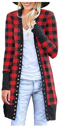 Dinglong spolverino Donna Cardigan Scozzese Casual Maglieria con Bottoni Cappotto in Maglia Morbida a Maniche Lunghe per Donna spolverino Donna Copricostume Completo Lino Donna