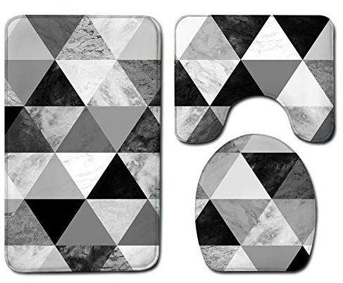 Bad Teppiche Set 3-Teiliges Dreieck Schwarz Grau WC Vorleger Mit Ausschnitt Badematte Saugfähig WC Deckelbezug Badvorleger rutschfest Waschbar Toilettensitzbezug Badgarnitur (45x75cm)