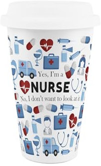 Purely Home Nurse Ceramic Travel Mug - Novelty Medical Training Trades Gift for New Job - Reusable Silicone Lid Double-Walled Insulated Hot/Cold Drinks Cup Present