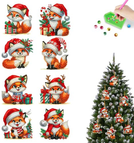 Starnearby Diamond Painting Weihnachten Anhänger, 8 Stück Diamant Painting Anhänger, Diamond Painting Bastelset Kinder, Christbaumschmuck Weihnachtsanhänger Geschenkanhänger (Fuchs)