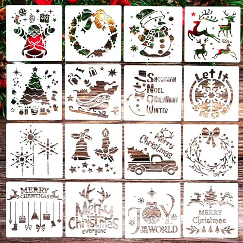 16 Stück Weihnachtsschablonen, 15 x 15cm Wiederverwendbar Weihnachtsvorlage Frohe Weihnachten Ornament-Schablonen zum Malen Holz Fenster Kartenherstellung Tagebuch Sammelalbum DIY-Basteln