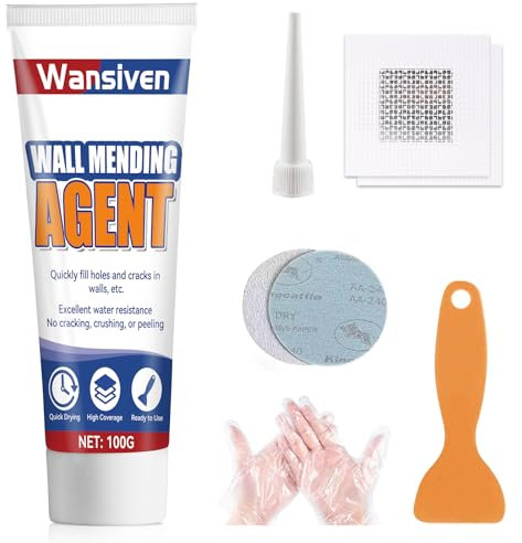 Wansiven masilla para pared, kit de relleno impermeable para paredes blancas, crema reparadora de paredes para rellenar grietas y superficies de yeso, con raspador y parche de reparación (100 g)