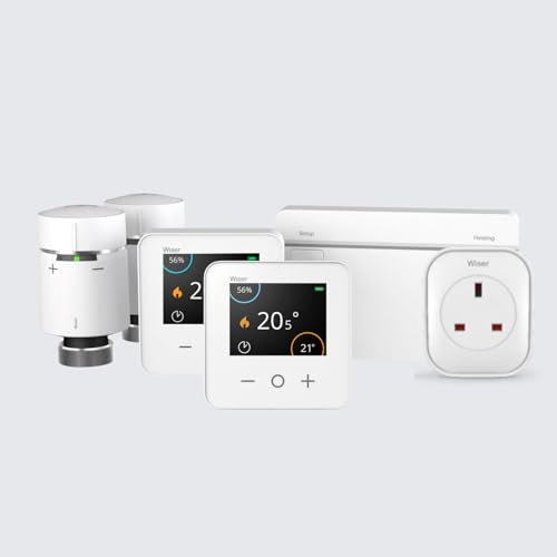 Wiser By Drayton Smart Thermostat Heating Kit Thermostat Kit 2 with 2 x Smart Radiator Thermostat TRV + Smart Plug – Heating & Hot Water for Conventional Boiler Complete Heating Control DIY Install
