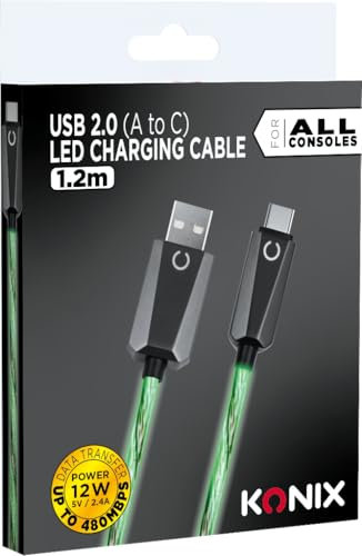 Konix Cable USB 2.0 Tipo A a Tipo C PS5, Switch 2 y Xbox Series X|S - Carga rápida hasta 12 vatios - Longitud 1,2 m - Iluminación LED verde