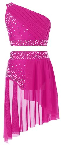 inhzoy Vestito da Ballo Latino Americano Bambina Monospalla Abito da Pattinaggio Artistico Crop Top da Balletto e Gonna Corta Vestito da Ballo Lirico Contemporaneo Rosa Caldo 15-16 Anni