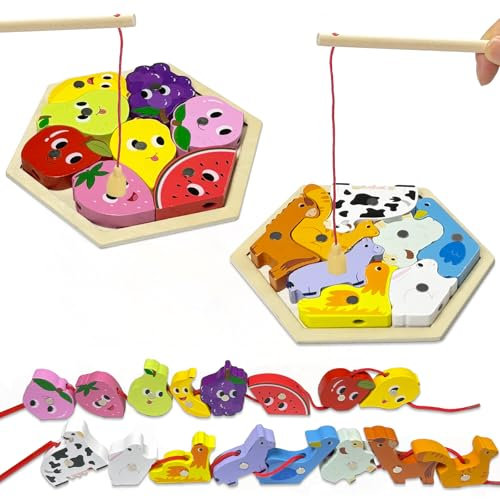 Kulveanju Wooden Fishing Game Toys - 3 in 1 Wooden Montessori Toys: Magnetic Fishing Game Animals & Fruits, Puzzle, Bead Threading for Toddlers, Educational Learning Gifts for 2 3 4 Year Old Boy Girl