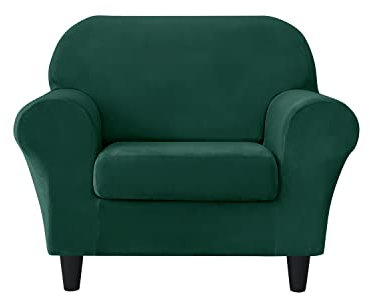Stretch Velvet Sofa Slipcover 2 Pieces Armchair Cover with Separate Seat Cushion Cover Furniture Protector (Dark Green)