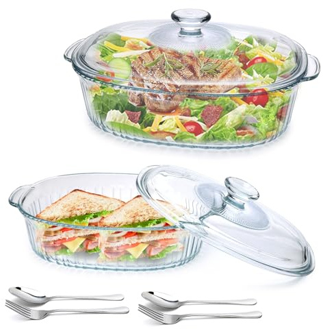 Glas-Kasserolle mit Deckel für Ofen, geriffelt, oval, für Lasagne, Aufläufe, Reste, Kochen, Küche, 2 Stück