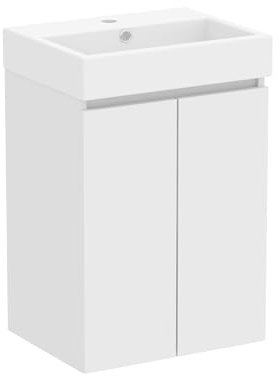 Baikal Mueble de Baño Mini. Mueble MONTADO. 2 Puertas Suspendido con Lavabo. Armario de Baño. Lavabo Ceramico. 45cm Blanco Mate.