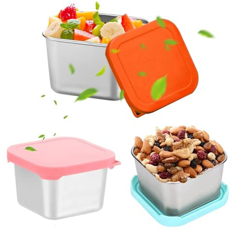 Jortmrd 3 Piezas Tapers para Comida Hermetico 180ml Recipientes de Aperitivos de Acero Inoxidable Botes Comida con Tapa de Silicona para Snacks, Salsas y Meriendas para Trabajo, Escuela, Picnic