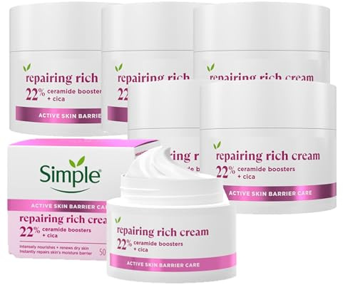 Simple Repairing Rich Face Cream moisturiser with 22% ceramide boosters, organic cica and provitamin B5 for a stronger skin barrier repairs and replenishes dry, sensitive skin 50 ml - multipack of 6