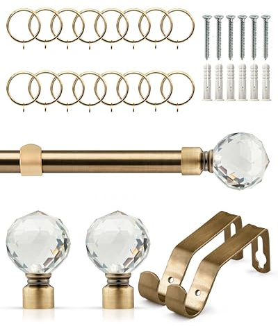 Emma Barclay Crystal Extendable Curtain Pole - Smooth Telescopic 19mm Metal Curtain Poles with Crystal Effect Finials, Brackets & Fittings for Eyelet Curtains (Antique Brass, 1.2m - 2.1m, With Rings)