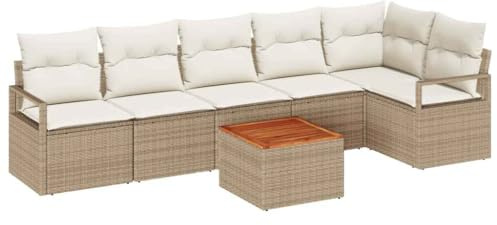 vidaXL 7-teiliges Garten-Sofa-Set mit Kissen in Beige, Poly-Rattan und Akazie. Modernes Outdoor-Sitzmöbel inklusive Kaffeetisch. Stylisches modulares Design, wetterfestes Loungemöbel für die Terrasse.