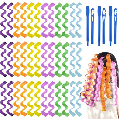 Haar Lockenwickler Spiral Locken 36 Stück Locken Wave Styling Kit 30cm Styling Kit Keine Hitze Haar Mehrfarbig Lockenwickler mit 2 Stück Styling Haken für Lange und Kurze Haare