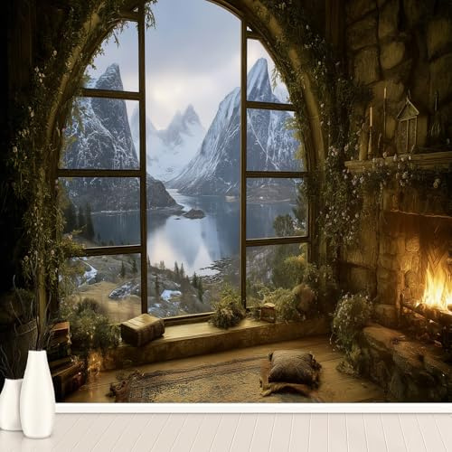 3D Fensterblick Fenster Tapete Selbstklebende Fototapete Wald Nebel Bergdorf Ruhe Tapeten Natur Landschaft Wandtapete Vinyl Wasserdicht Wandaufkleber für Wohnzimmer Schlafzimmer Küchen 250x370 cm