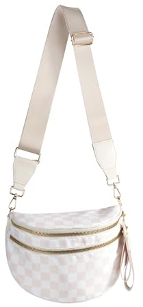FEIBOON Damen-Umhängetasche, geräumige Gürteltasche mit Karomuster, Crossbody-Tasche mit doppeltem Reißverschluss, verstellbarer und abnehmbarer breiter Schulterriemen (Beige kariert)
