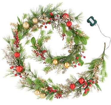 9FT Pre-Lit Decorated Mixed Tip Garland, Red and Gold