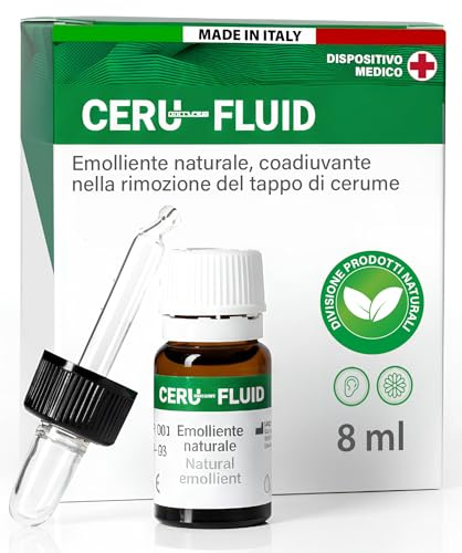 Gouttes Auriculaires Oreilles pour Bouchons de Cérumen 8ml - Ceru Fluid Formule 100% Naturelle Made in Italy - Élimination Accumulations de Cérumen - Émollient Naturel Adjuvant avec Compte-Gouttes