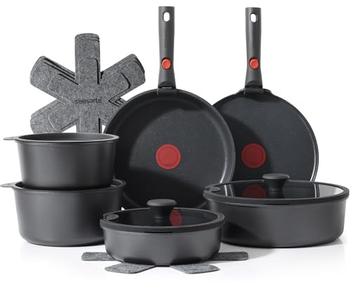 SENSARTE Batterie de Cuisine 17Pcs avec Poêle à Crêpe, Indicateur de Température à Point Rouge, Revêtement Anti-Adhésif Sain, Poignée Amovible, Compatible Lave-Vaisselle et Tous Feux Dont Induction