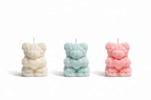 Handgemachte Teddy Kerzen aus Sojawachs – 3er Set mit Herz – Mehrfarbige Deko Kerzen als Geschenk für besondere Anlässe