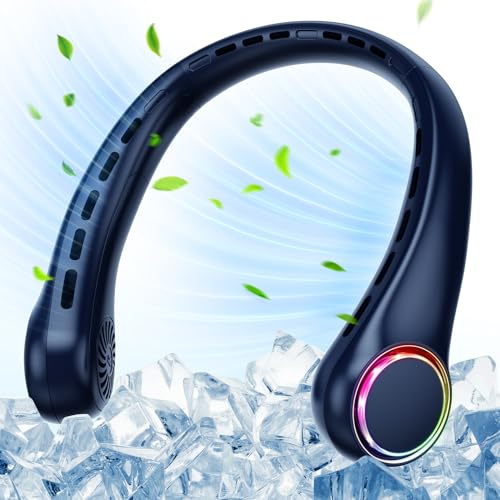 Ultralent Ventilador de Cuello Portátil Silencioso, Recargable 4000mAh, 3 Velocidades, Mini Ventilador Cuello Personal con Luz LED para Viaje, Deporte, Oficina y Hogar