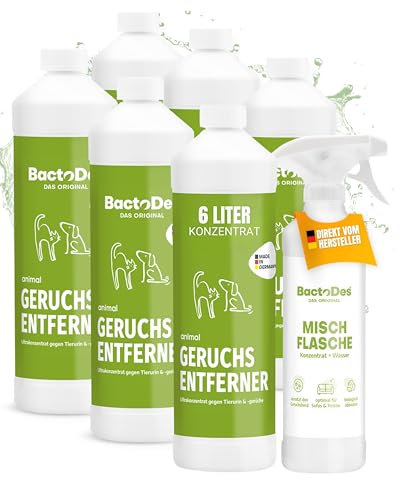 BactoDes - Animal Geruchsneutralisierer 6L Konzentrat mit Spray-Mischflasche - Starker Enzymreiniger Katzenurin, Hundeurin & Tiergerüche - Effektiver Geruchsentferner mit bio Mikroben-Wirkung
