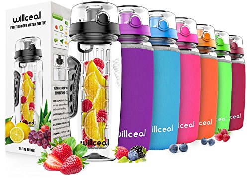 willceal Fruit Infuser Water Bottle 32oz - Durable, Large - BPA Free Tritan, Flip Lid, Leak Proof Design - Sports, Camping (Black)