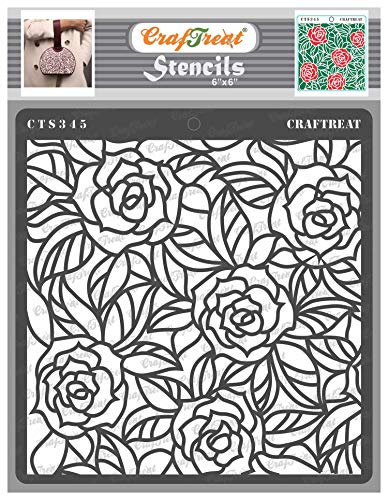 CrafTreat Rose Flower Stencils for Painting on Wood, Canvas, Paper, Fabric, Floor, Wall and Tile -Rose with Leaf Background - 6x6 Inches - Reusable DIY Art and Craft Stencils for Painting Flowers