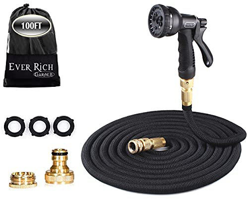 Ever Rich ® Black 100 Feet Newest Expandable Strongest Magic Hose Pipe with Brass Fittings & 8 Pattern Spray Nozzle (HQ HOSE ONLY)